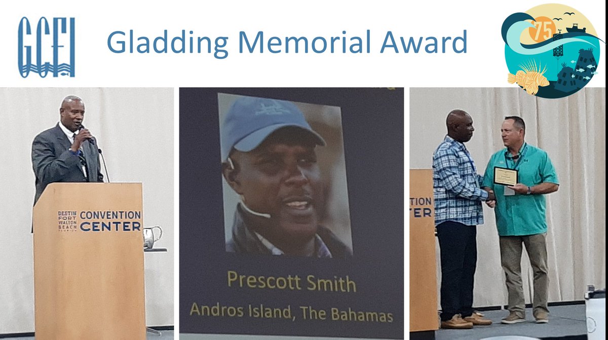 Amazing moment at #GCFI75 - Bahamas Minister of Environment &amp; Natural Resources congratulates compatriot Prescott Smith, recipient of the Gladding Memorial Award - recognizing fishers with an enduring vision for the sustainable and wise use of marine resources
#IYAFA2022