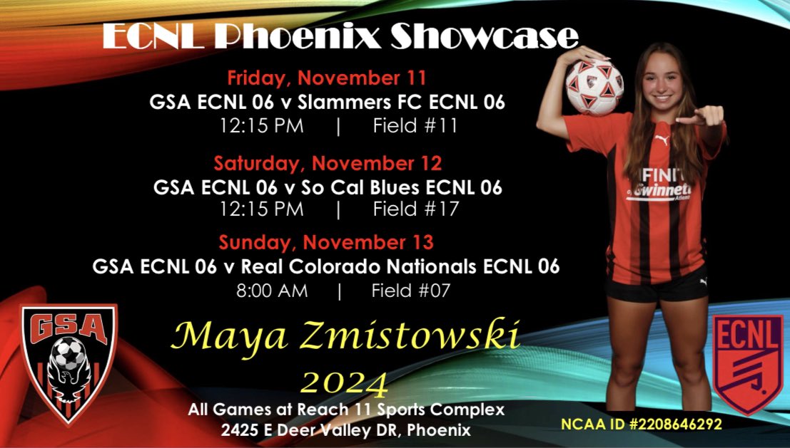Super excited for the #ECNLPHX Showcase this weekend!! Here’s my schedule:

<a href="/GSAsoccer/">Gwinnett Soccer Acad</a> <a href="/ImYouthSoccer/">ECNL/GA/Recruiting/College Soccer</a> <a href="/TheECNL/">The ECNL</a> <a href="/ECNLgirls/">ECNL Girls</a>