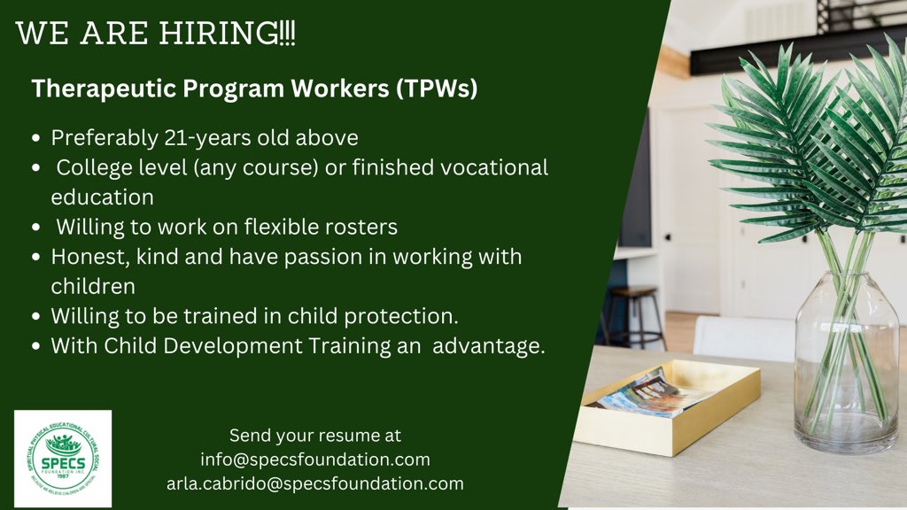 specs_inc's tweet photo. *With Child Development Training an advantage.

Application is open until November 28, 2022. 

You may inquire or send your resume/CV to: 
Ms Arla Cabrido 
Arla.Cabrido@specsfoundation.com https://t.co/WUTXqEMLCi