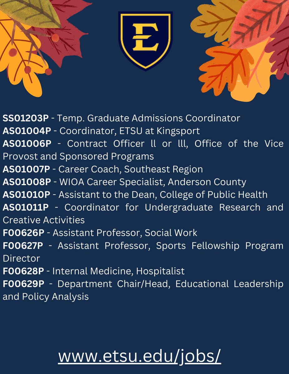 We are hiring! Take a look below at the newest available positions. For a complete list visit etsu.edu/jobs/ to apply. #HigherEdJobs #ETSU #tennessee #hiring #coordinator #careercoach #AssistantProfessor #AssociateProfessor #WIOA