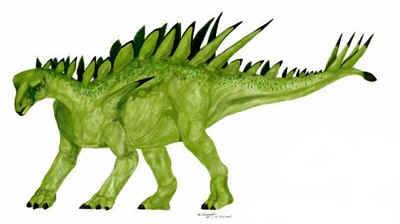 RevMattK's tweet photo. Dinovember 3, day 5: Huayangosaurus taibaii.
Size: 15' long, 2 tons. 
Ecosystem: Shaxmiao Formation, China, 165 ma.
Possessing a fairly stegosaurid-normal set of plates and spikes,  and also some spikes immediately over the hips. Because the hips were in...danger? I don't know. https://t.co/Dc2mApcVpX