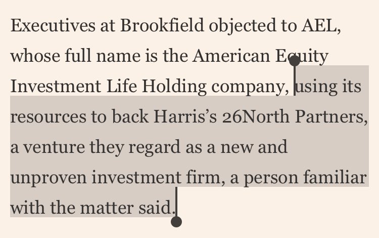 Sujeet Indap (@sindap) on Twitter photo NEW: In 2020, annuities seller AEL fended off hostile bid from Apollo/ Athene by selling stake to Brookfield.
Today, AEL buys stake in new Josh Harris venture and Brookfield and other AEL shareholders lose their mind. Story w/ <a href="/markvdvd/">Mark Vandevelde</a> <a href="/AntoineGara/">Antoine Gara</a>:
on.ft.com/3NPyfHW NEW: In 2020, annuities seller AEL fended off hostile bid from Apollo/ Athene by selling stake to Brookfield.
Today, AEL buys stake in new Josh Harris venture and Brookfield and other AEL shareholders lose their mind. Story w/ <a href="/markvdvd/">Mark Vandevelde</a> <a href="/AntoineGara/">Antoine Gara</a>:
on.ft.com/3NPyfHW