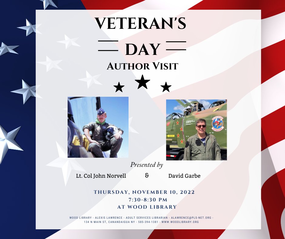 Wood_Library's tweet image. Join us for this Veteran's Day Author visit on Thursday, November, 10 at 7:30pm featuring Lt. Col. John Norvell and his Co-author David Garbe, who wrote "Fighter Gator". Both Lt. Col. Norvell and Mr. Garbe will share personal stories regarding their military experience.