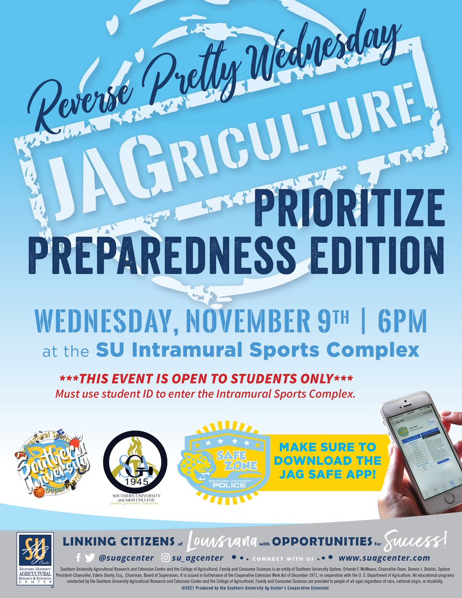 TOMORROW - TOMORROW - TOMORROW!!! Reverse Pretty Wednesday - Prioritize Preparedness Edition in the Intramural Sports Complex. Save the date, November 9, 2022 at 6pm. *Make sure to have your student id for entry!*

#teamsu #geauxjags💛💙🐆