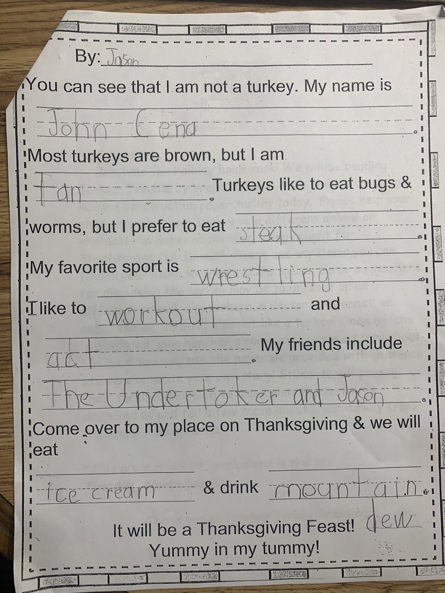 moonhuntress13's tweet photo. @JohnCena My son had a project to disguise a Turkey so he wouldn’t get gobbled up on Thanksgiving. He decided to make his Turkey his favorite wrestler and wrote a report all about you! 👋🏻 https://t.co/VO1Z3iUM5W