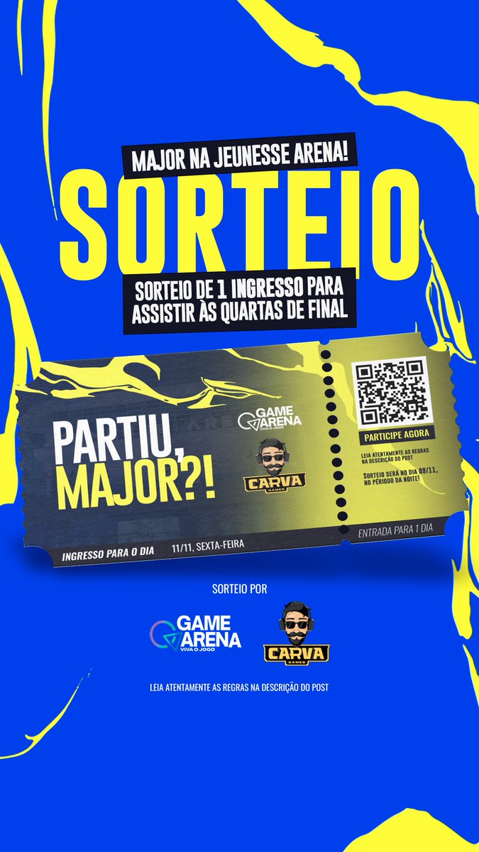 gamearenaofc's tweet photo. SORTEIO - MAJOR NA JEUNESSE! 

GameArena 🤝🏻 CarvaGames

Sortearemos um ingresso do dia 11/11 (sexta-feira), para assistir o Major diretamente da Jeunesse Arena! 

Regras: 
✅ Seguir Twitter @gamearenaofc
✅ Seguir @gamescarva
✅ Dar RT nesse post
✅ Marcar um amigo aqui

+ https://t.co/ctt9EXO7Zs