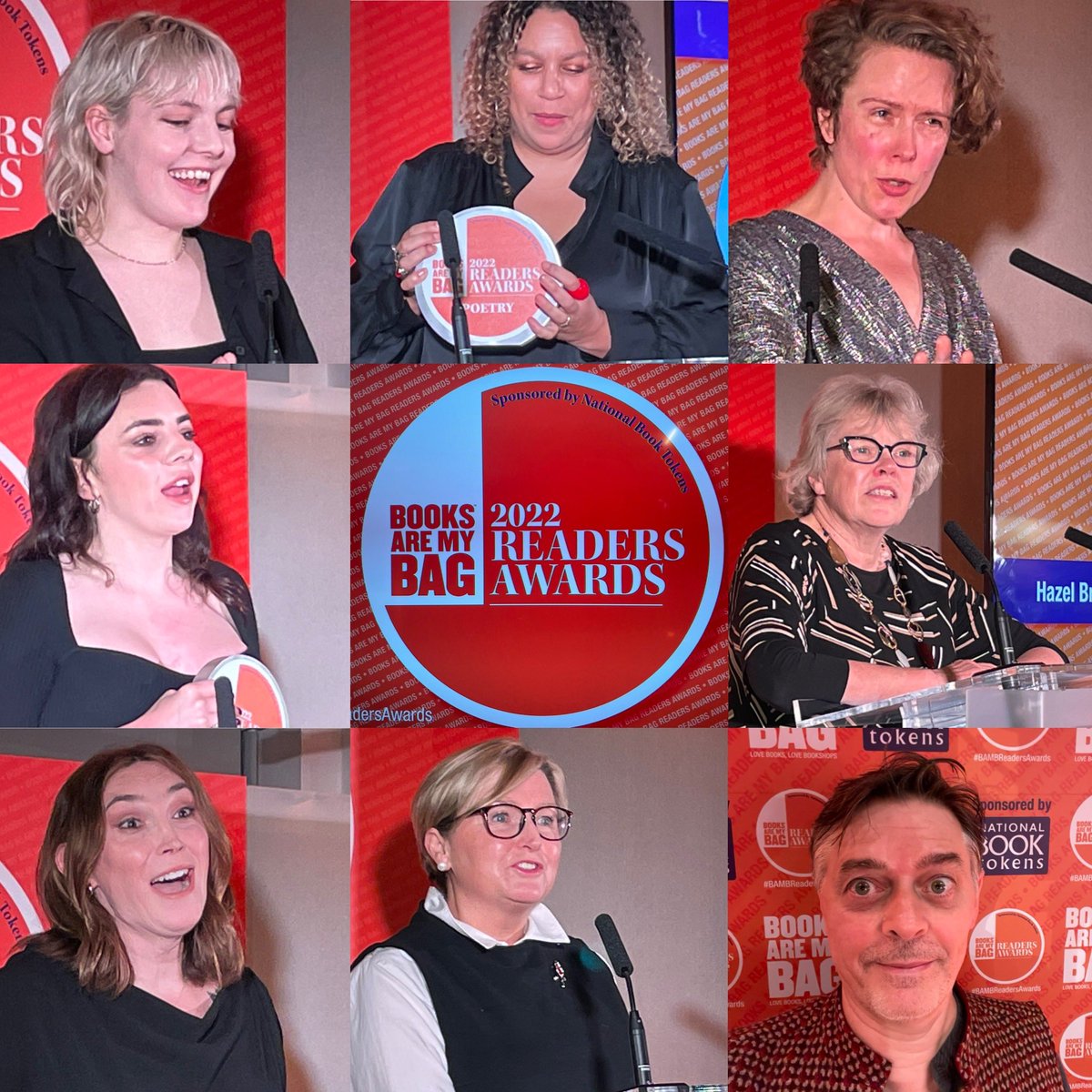 Booksellers with winning authors & poets at the @booksaremybag awards at @Foyles tonight. From top left clockwise: @gabylee__ @salenagodden @Louiestowell @hazelbookseller me (not winning, just enjoying), @liz_fenwick @junodawson & Shon Faye #shonfaye. Now get thee to a bookshop!