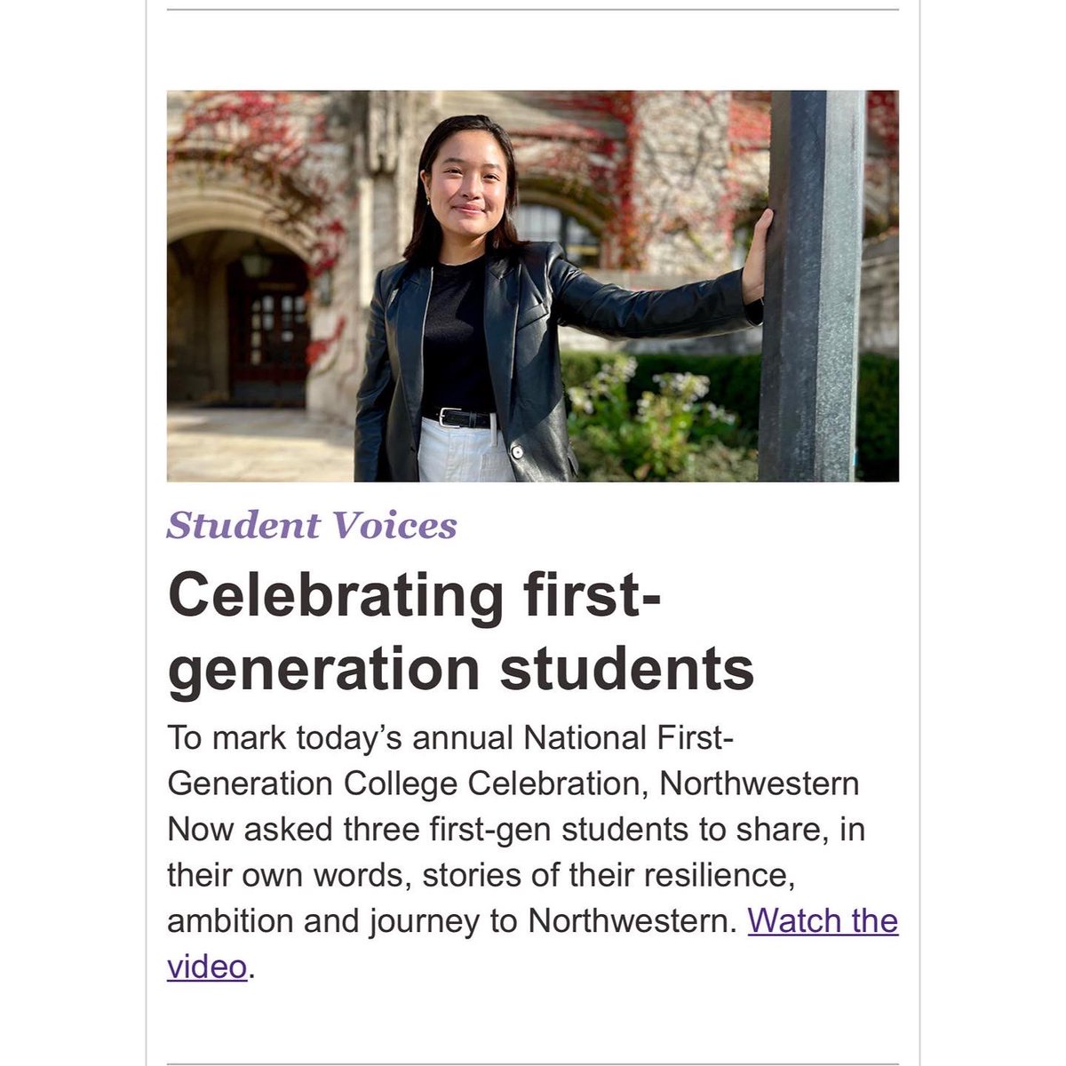 Today is the day! Happy #nationalfirstgencollegestudentday! We are so thrilled to assist in making your Northwestern experience memorable. We have a special message from President Schill here: youtu.be/Wy7igol4Mi8  #imfirstnu #fgliatnu