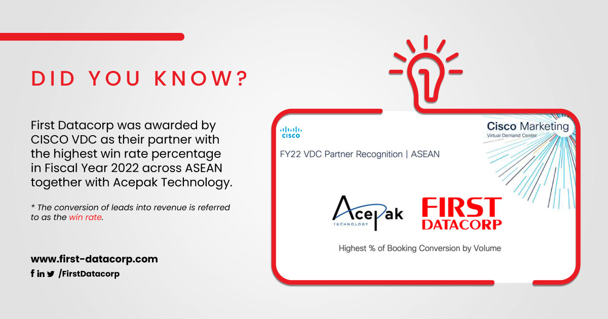 FirstDatacorp's tweet photo. Did you know that FDC was recently recognized by Cisco VDC as one of their partners with the highest win rate percentage in ASEAN for Fiscal Year 2022? #FDCrecognizes our FDC Associates who worked hard on this achievement. Way to go! https://t.co/j3KkMTAS9X