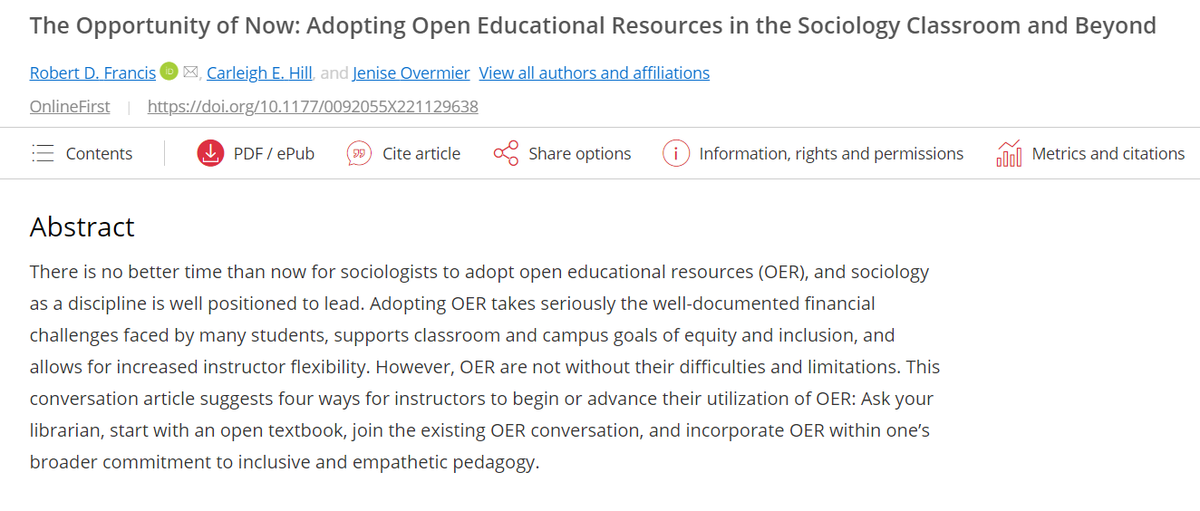 📚New Publication Alert📚 Check out this conversation by <a href="/DrRobertFrancis/">Robert Francis</a>, <a href="/eye_of_newt_/">jenise overmier</a>, and Carleigh Hill, where they discuss open education resources (OER) and provide suggestions on how instructors can begin or advance their utilization of OER. #TSVolume50 #TeachSoc #OER
