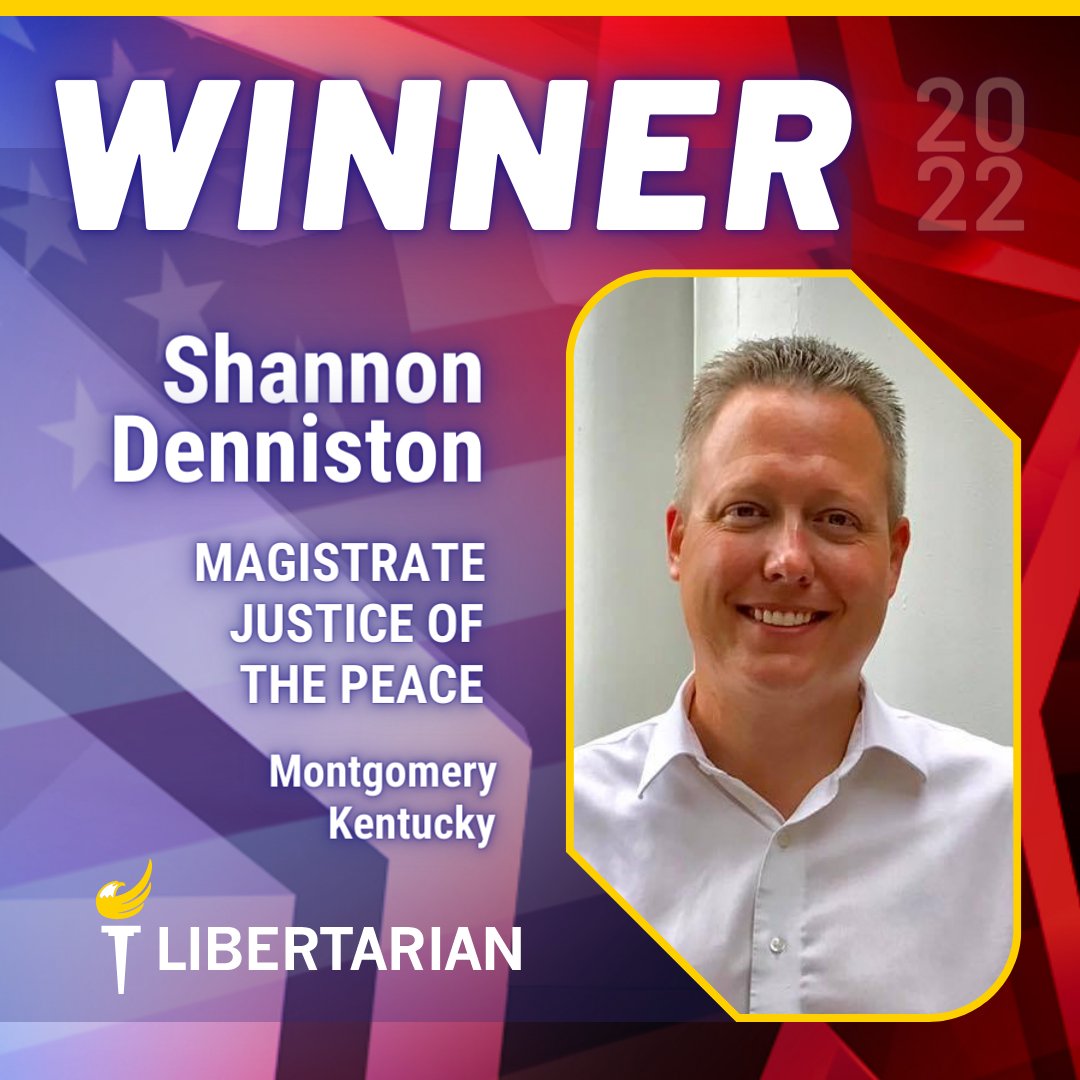 LPNational's tweet photo. Congratulations to our first four Libertarian Party 2022 Election winners: Lex, Shannon (@denniston), David, and Aron (@Aron_Lam)! https://t.co/L8GXcXxTKX