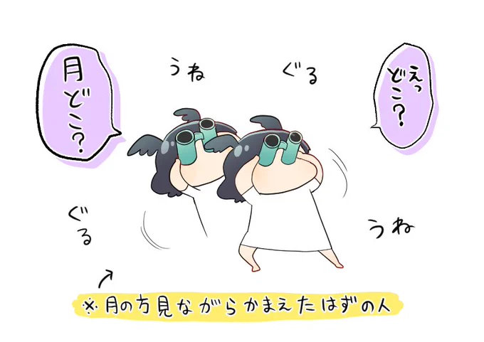 昨日の皆既月食を双眼鏡ならあったのでそれでのぞいてたらキモい動きを延々やってた人の図 