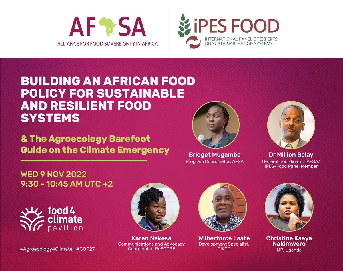 As #Food4Climate finally comes at #COP27,  AFSA is hosting a side event today on "How can Africa's farmers and citizens respond to threats from climate change and agribusiness?"

Join us to learn why #Agroecology is the future of #African food producers.

hsi.zoom.us/webinar/regist…