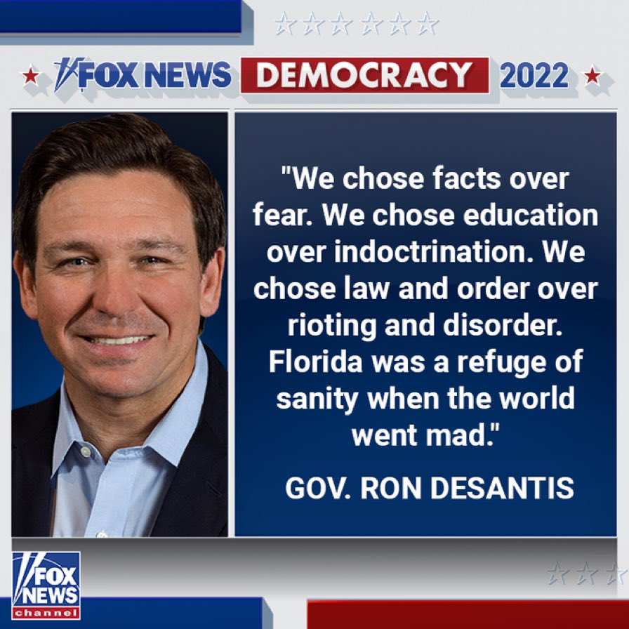 Jimoya82's tweet photo. El Gob Ron DeSantis Reelecto
"Elegimos hechos sobre el miedo. Elegimos la educación sobre el adoctrinamiento. Elegimos la ley y el orden sobre el lumpen y el desorden. Florida fue un refugio de cordura cuando el mundo se volvió loco". #PDGVendidos #RedTsunami2022 https://t.co/AbO9q77xmA