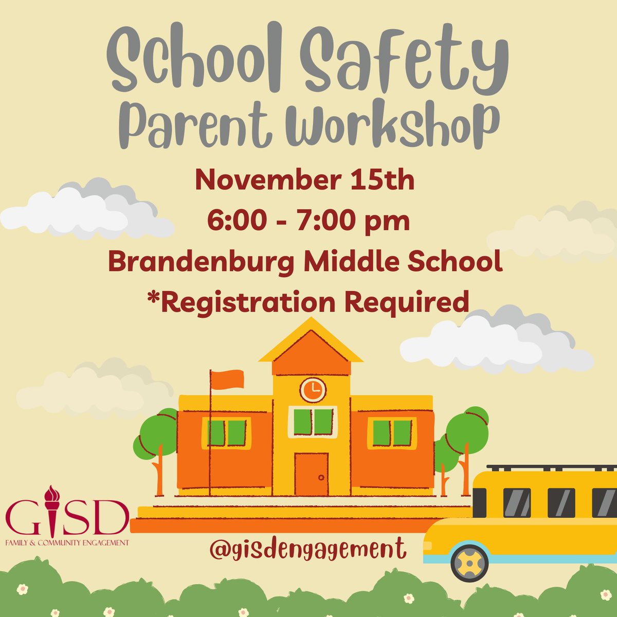 Family and Community (@gisdengagement) on Twitter photo School Safety for Parents and Volunteers
Register by Nov 13th: garlandisd.net/calendars/scho…
<a href="/CCBMS_Braves/">Brandenburg MS</a> <a href="/Handley_Panther/">Handley STEM Elementary</a> <a href="/ClubHill_Cougar/">ClubHillSTEM</a> <a href="/Carver_Tigers/">Carver Elementary</a> <a href="/Shugart_Sheriff/">Shugart Elementary</a> <a href="/Toler_Texans/">Toler Elementary</a> <a href="/SGHS_Titans/">South Garland High School</a> School Safety for Parents and Volunteers
Register by Nov 13th: garlandisd.net/calendars/scho…
<a href="/CCBMS_Braves/">Brandenburg MS</a> <a href="/Handley_Panther/">Handley STEM Elementary</a> <a href="/ClubHill_Cougar/">ClubHillSTEM</a> <a href="/Carver_Tigers/">Carver Elementary</a> <a href="/Shugart_Sheriff/">Shugart Elementary</a> <a href="/Toler_Texans/">Toler Elementary</a> <a href="/SGHS_Titans/">South Garland High School</a>