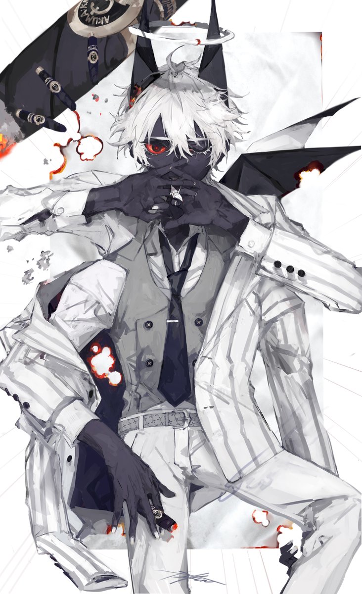 1boy male focus white hair black skin necktie red eyes suit  illustration images