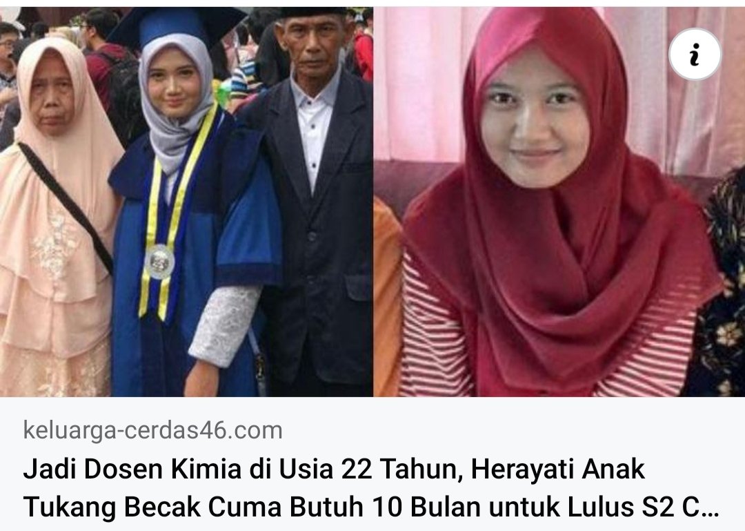 Ameeranti's tweet photo. KISAH INSPIRATIF. 💙🌹

Jadi Dosen Kimia di Usia 22 Tahun, Herayati Anak Tukang Becak Cuma Butuh 10 Bulan untuk Lulus S2 Cumlaude di ITB. https://t.co/7tQ5UFcKCp