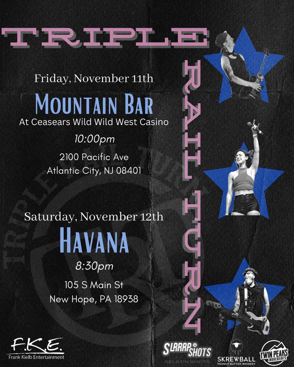 TripleRailTurn's tweet image. THIS WEEKEND!
•Friday, Nov 11th: Mountain Bar at Caesar’s Casino
•Saturday, Nov 12th: @HavanaNewHope 

See you there friends! 🤘
