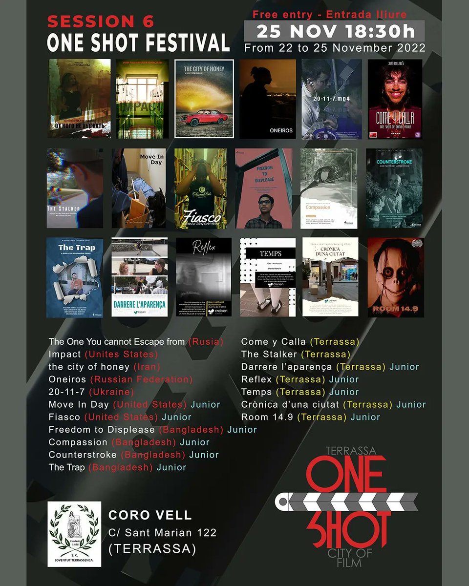 OneShotContest's tweet photo. We have prepared all the sessions of this year's festival with all the films that are part of our official selection and are eligible for awards! Come and see them at the cinema, at Coro Vell in Terrassa 🙂 https://t.co/1Dhclp40FB