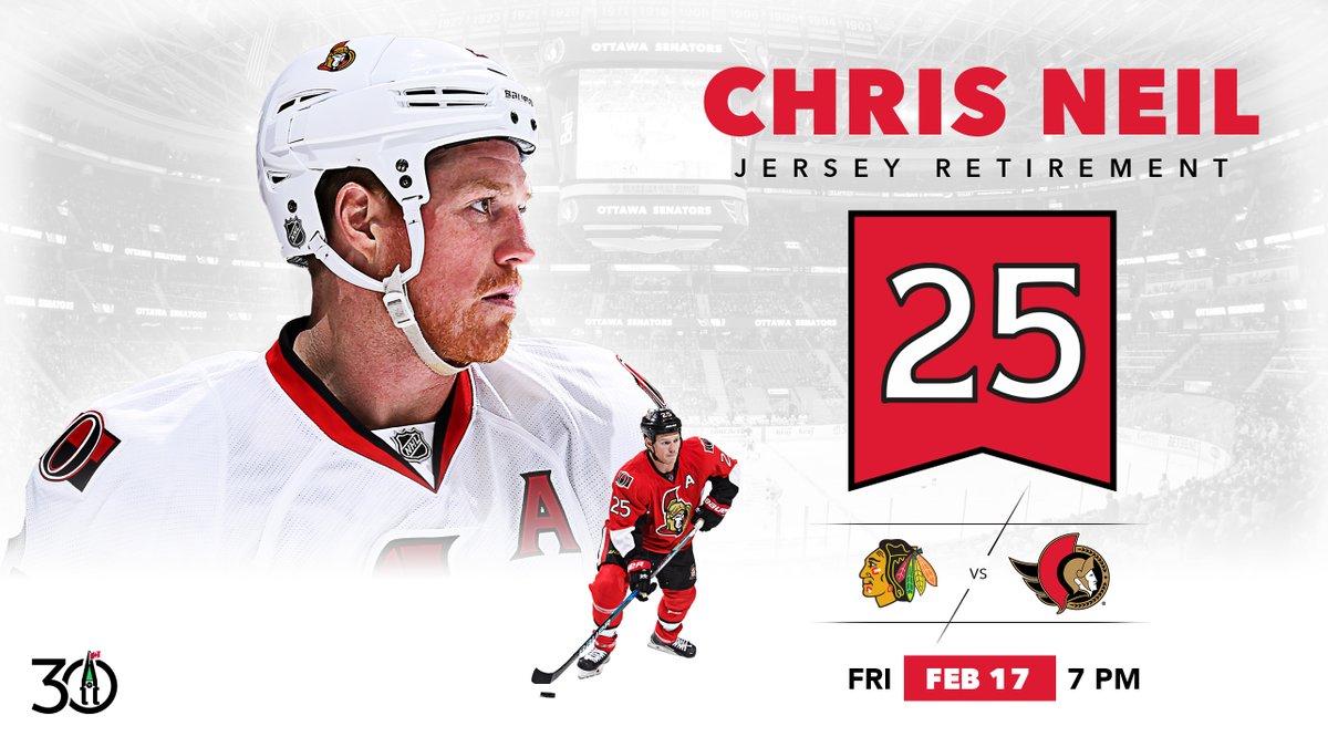 Senators's tweet photo. On Friday, number 25 will be raised to the rafters at Canadian Tire Centre.

REMINDER: Be in your seats by 6 p.m. for the pre-game ceremony as we celebrate Chris Neil and his #Sens legacy!

🎟️ : https://t.co/ldfZIVq1Ba https://t.co/wsmvhp7eLI