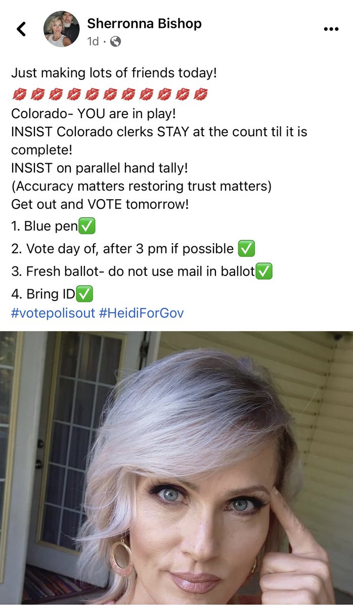 KyleClark's tweet photo. Fellow election conspiracy theorist Sherronna Bishop (fmr Boebert campaign manager) is directing Republicans to vote in person after 3pm today and only use a blue pen. Bishop also echoed @heidiganahl’s call for a statewide hand count of ballots tonight. https://t.co/4PnVyoAlB4