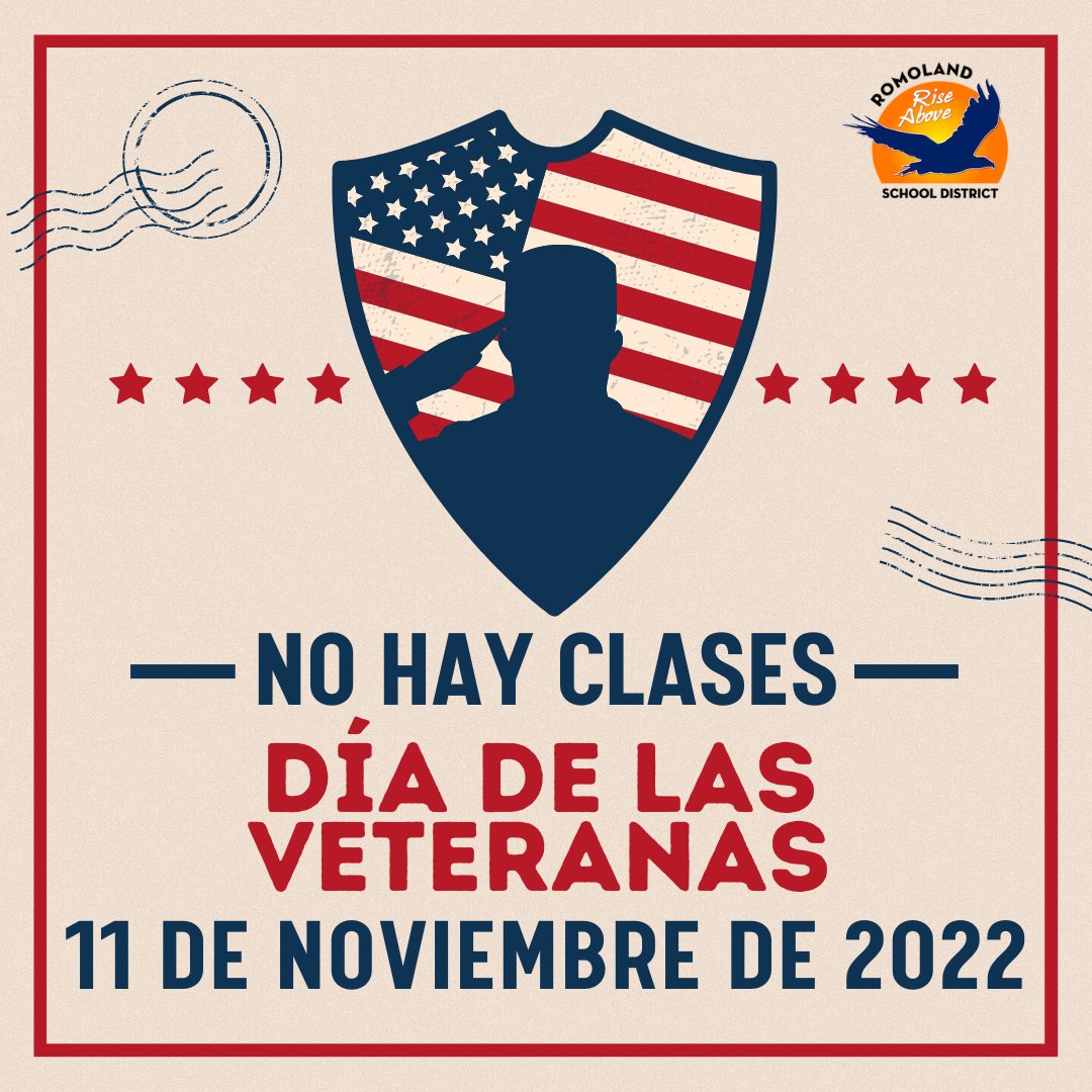 Romoland School District (@romolandsd) on Twitter photo Reminder: All <a href="/RomolandSD/">Romoland School District</a> schools and offices will be closed on Friday, November 11, 2022, in observance of Veterans Day.
Classes will resume on Monday, November 14, 2022. Reminder: All <a href="/RomolandSD/">Romoland School District</a> schools and offices will be closed on Friday, November 11, 2022, in observance of Veterans Day.
Classes will resume on Monday, November 14, 2022.