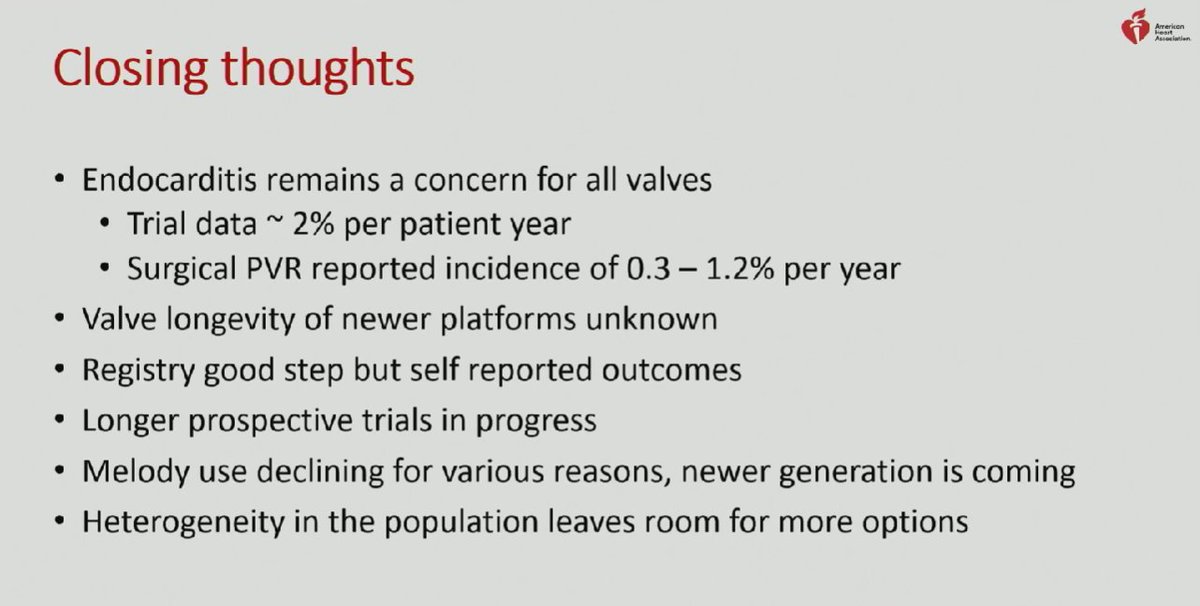 #AHA22 Ondemand #ACHD #CHD
🇺🇸経皮的肺動脈弁形成術 #TAPV `Real world`
👏Melody👉10y無治療率54%👉decline💔
👏Sapien3👉26,29mm大きいsize🆗👉12m,follow👉1.7% IE
👏Harmony👉22,25mm👉5y成績過去最高🎉
👏Alterra👉🆕size🆓👉安全性🆗👉治験中

⚠️いずれも術後IEやや多め2%/y>ope0.3~1.2%/y