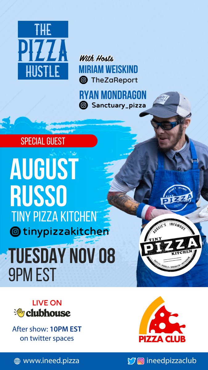 In tonight's show we have August Russo from Tiny Pizza Kitchen

Every week we chat with some of the hardest working pizza makers about what it takes to make it in the pizza business.

clubhouse.com/@auggiesinfamo…

#pizza  #restaurants #foodindustry #pizzeria
