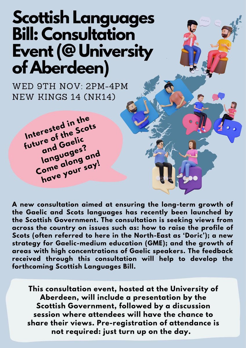 For those of you who are interested in Scots language and/or Gaelic language issues, an important consultation event is being held on campus tomorrow (Wed 9th Nov). All are welcome! We hope to see some of you there!