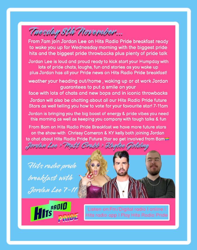 Join <a href="/jordan_lee/">Jordan-Lee</a> on Hits Radio Pride Breakfast in the morning as Jordan wakes you up with the Biggest Pride Hits &amp; Throwbacks!

🏳️‍🌈<a href="/ChrissyCameron_/">Chrissy Cameron</a> &amp; <a href="/KYKellyOfficial/">KY Kelly</a> are joining Jordan from 8am to chat all things #FutureStar!

🗣️Play hits Radio Pride
🔊hits.listennow.link/7809565