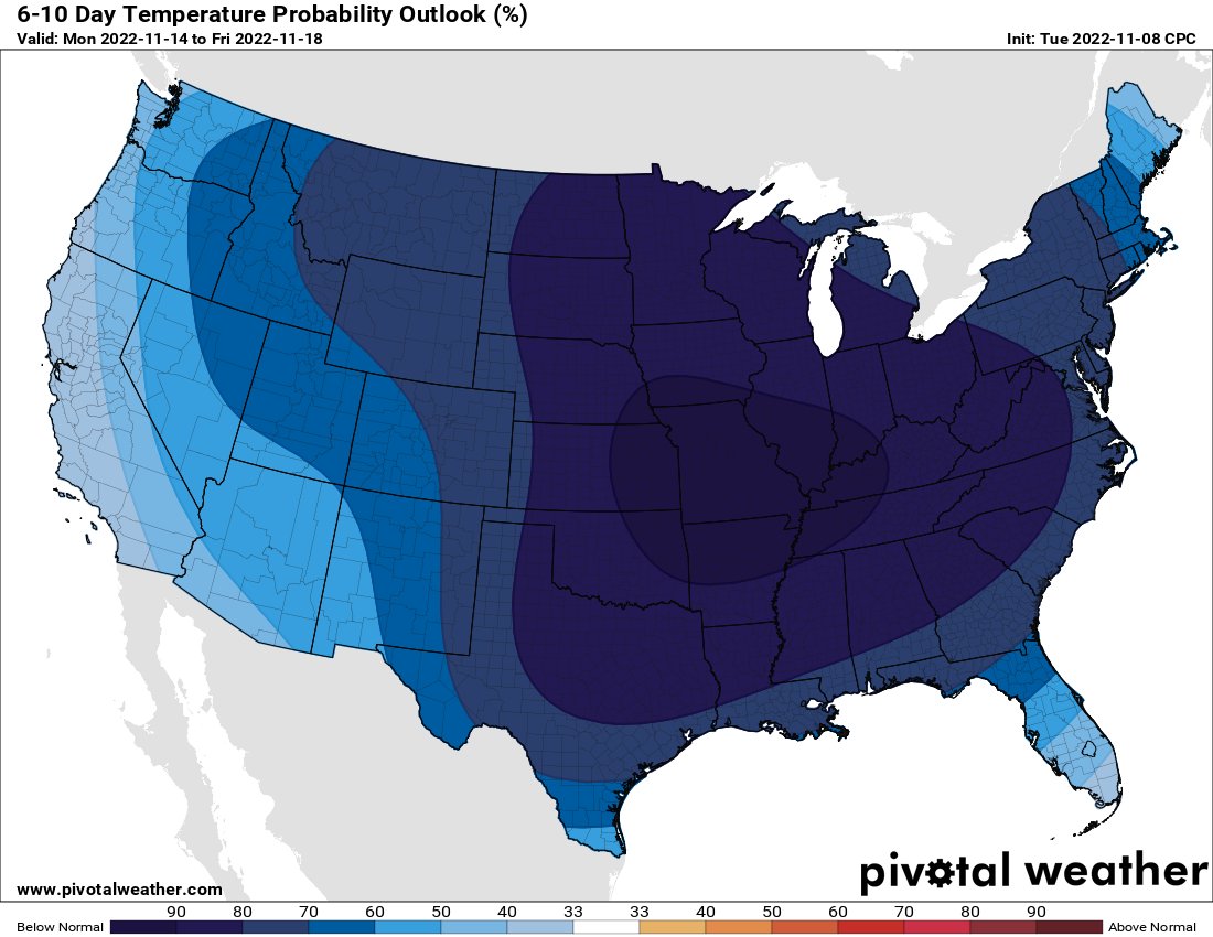 TylerSebreezy's tweet photo. Not sure I've ever seen a temperature outlook for the day 6-10 period that has the ENTIRE Lower 48 shaded in blue for below normal temperatures. Impressive November cold is coming. 🥶 https://t.co/bRnePpdI1i