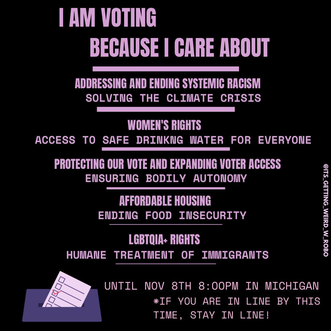 emergentjustice's tweet photo. If you're in Michigan and you haven't voted, you have a little over an hour to cast your ballot! Know your voting rights and stay in line! If you are in line by 8pm you MUST be allowed to vote! For more voting guidelines go to https://t.co/apyyoqaGLu #MIVote #MIVoteMIVoice https://t.co/UslRU0VjNz