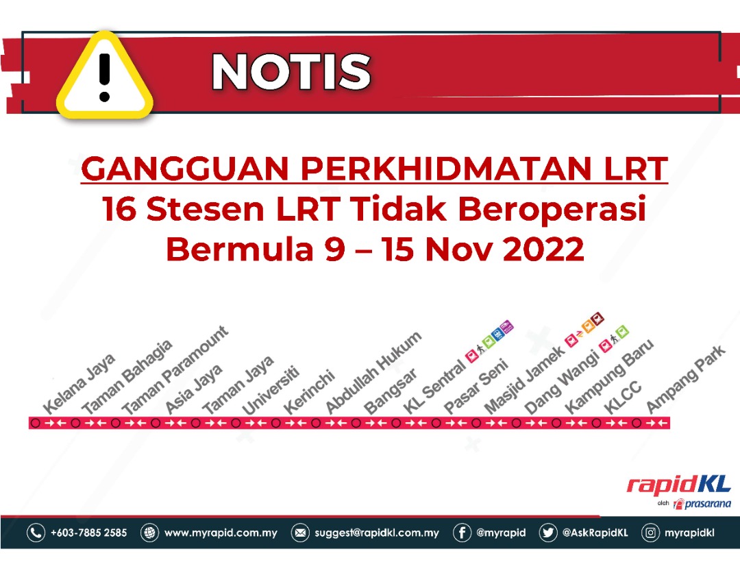 NewsBFM's tweet photo. 1. Rapid KL has announced that 16 LRT stations will be out of operation for 7 days, between 9 November (Wednesday) to 15 November (Tuesday).

This involves the stations between Kelana Jaya and Ampang Park. The operator will provide free shuttle buses instead. https://t.co/A3GxDqLay8
