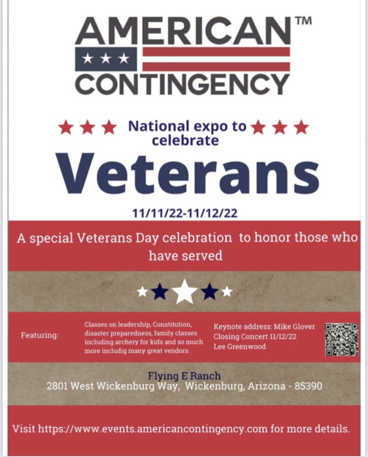 AmConBePrepared's tweet photo. Join American Contingency at our Veterans Day expo in Wickenberg AZ November 11-12th. #AmericanContingency 
#BePrepared https://t.co/zX4Sw9Savt