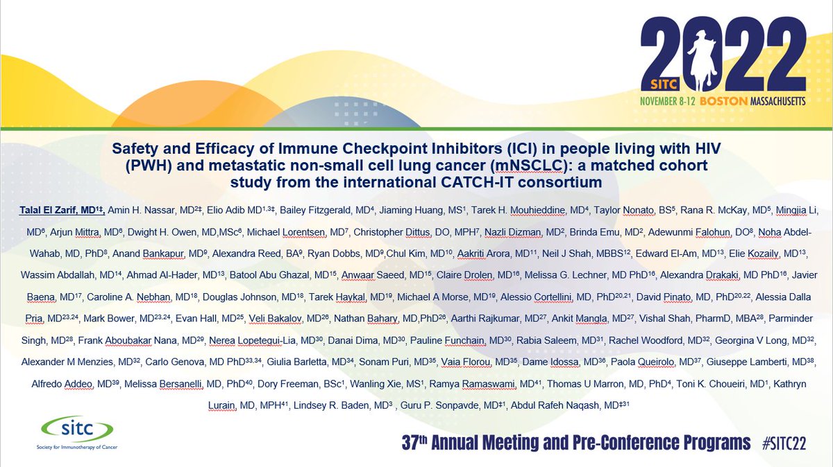 Talal El Zarif, MD (@talalzarif1) on Twitter photo 🚨On behalf of my amazing co-authors, I'm super excited to share our findings on safety/efficacy of #ICI for #NSCLC among people living w/ #HIV as an oral presentation #SITC2022 (Thurs. @ 7pm). Effort co-led w/🌟<a href="/AminNassarMD/">Amin Nassar, MD</a> <a href="/adib_elio/">Elio Adib</a> & best mentors <a href="/thenasheffect/">Rafeh Naqash, MD</a> <a href="/sonpavde/">Guru P. Sonpavde, MD</a>! 🚨On behalf of my amazing co-authors, I'm super excited to share our findings on safety/efficacy of #ICI for #NSCLC among people living w/ #HIV as an oral presentation #SITC2022 (Thurs. @ 7pm). Effort co-led w/🌟<a href="/AminNassarMD/">Amin Nassar, MD</a> <a href="/adib_elio/">Elio Adib</a> & best mentors <a href="/thenasheffect/">Rafeh Naqash, MD</a> <a href="/sonpavde/">Guru P. Sonpavde, MD</a>!