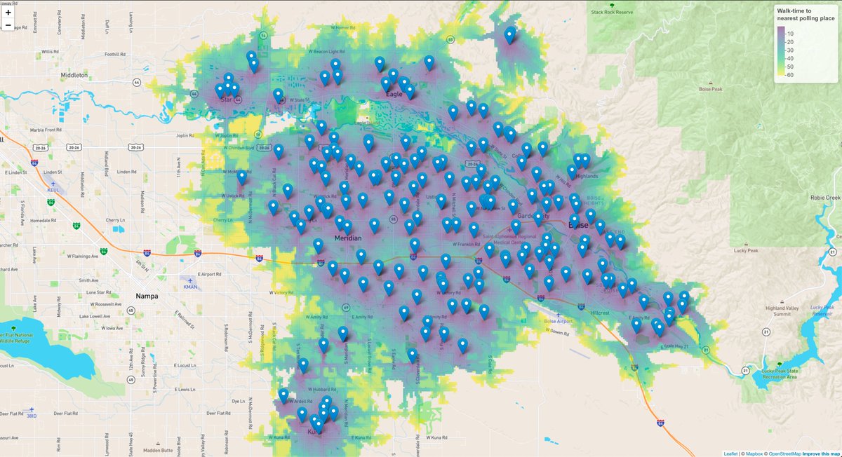 Map showing the walking accessibility of Ada County polling places! #idpol

Based on <a href="/kyle_e_walker/">Kyle Walker</a>'s replication code visualizing dialysis centers. #rstats #rspatial