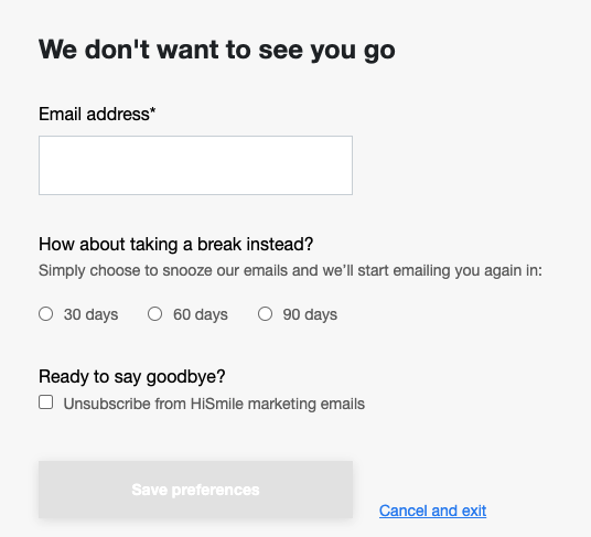 Let your customers hit the email SNOOZE button!

Sometimes customers want a break, not a breakup.

Give them the option to hold off on getting your emails for a month or two.

Here's a TERRIFIC example: