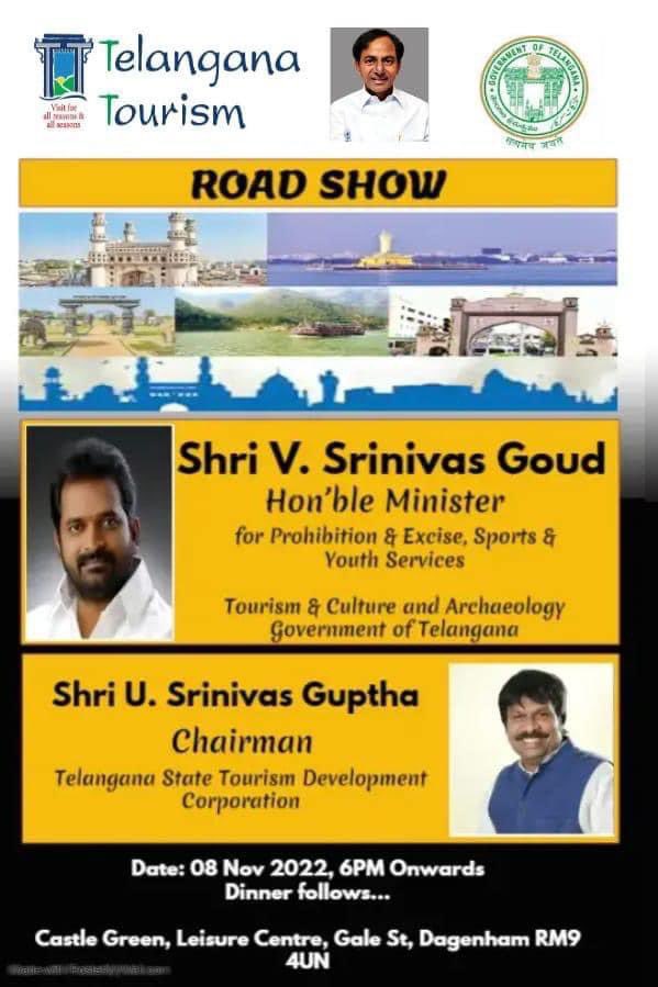 RPR_TRS's tweet photo. Telangana Road Show organised by @tstdcofficial at #CastleGreen Community Centre #London , #UK,
Minister for Telangana Tourism Sri @VSrinivasGoud , Chairman Telangana Tourism Sri @USrinivasGupta Garu as part of promoting Telangana Tourism at #worldtrademarket #London https://t.co/sW7pXtamn2