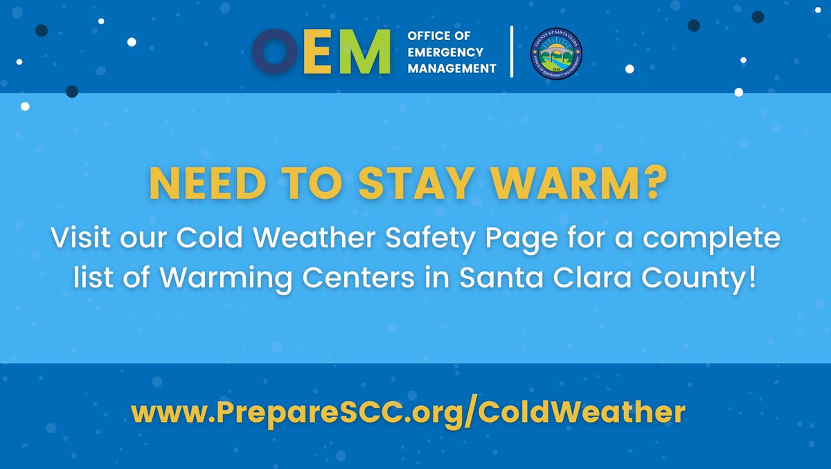 Need a place to stay warm? County libraries are available as Warming Centers in Santa Clara County. Visit PrepareSCC.org/ColdWeather for a complete list of centers.  
#SCCSAFE #PrepareSCC
