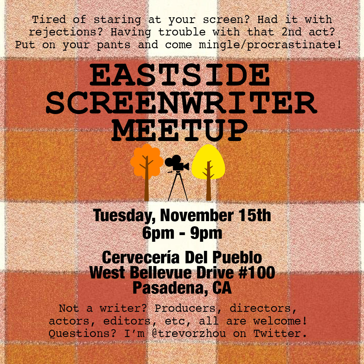 Hope everyone in LA is staying dry this election day. Our Eastside Screenwriter Meetup is one week away! I've also negotiated a $1 discount on drinks for everyone wearing a nametag due to the turnout last time so come through and meet other local writers and filmmakers!