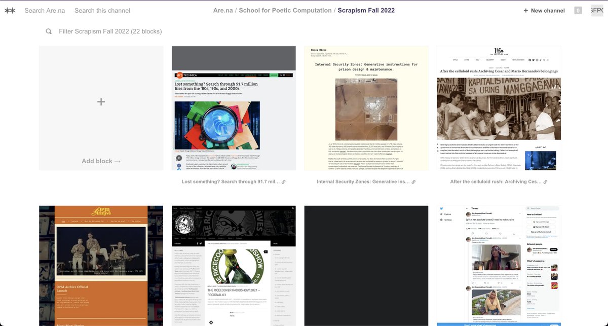 In Scrapism with <a href="/sam_lavigne/">Sam Lavigne</a> we practice of pulling, cutting up, and detourning text from both our personal collections and online. See our class’s growing archive of these gathered materials and resources on <a href="/AREdotNA/">Are.na</a>: are.na/school-for-poe…