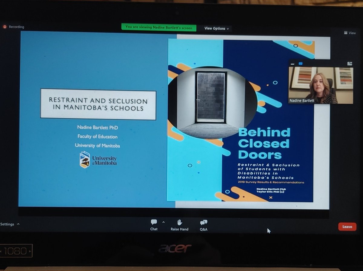 <a href="/drNBartlett/">Nadine Bartlett</a> presenting at session hosted by <a href="/InclusiveEdCan/">Inclusive Education / Éducation inclusive Canada</a>. "We have rules requiring consent for restraint use in our hospitals but not in our schools. It is a human rights violation". 74% of parents had not agreed to use of restraint.