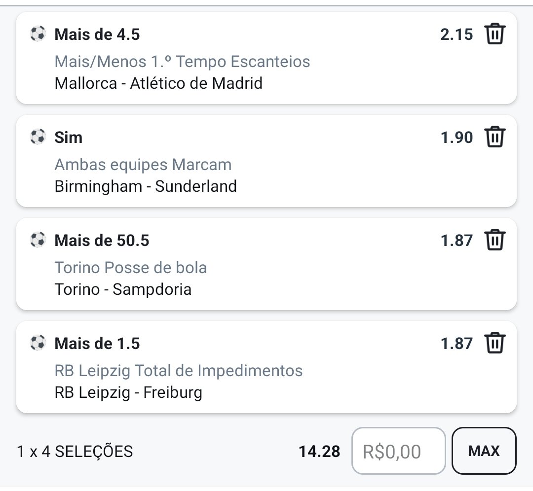 aposta_perfil's tweet photo. Último, vidas. Prometo 

🇪🇸 - Mallorca x Atlético de Madrid +4,5 Escanteios HT (1%)
🏴󠁧󠁢󠁥󠁮󠁧󠁿 - Birmingham x Sunderland - Ambos marcam (2%)
🇮🇹 - Torino +50,5% da posse da bola (1,5%)
🇩🇪 - Leipzig +1,5 impedimentos na partida (2%)

Mutipla: 0,5 https://t.co/d02Sebqdkd
