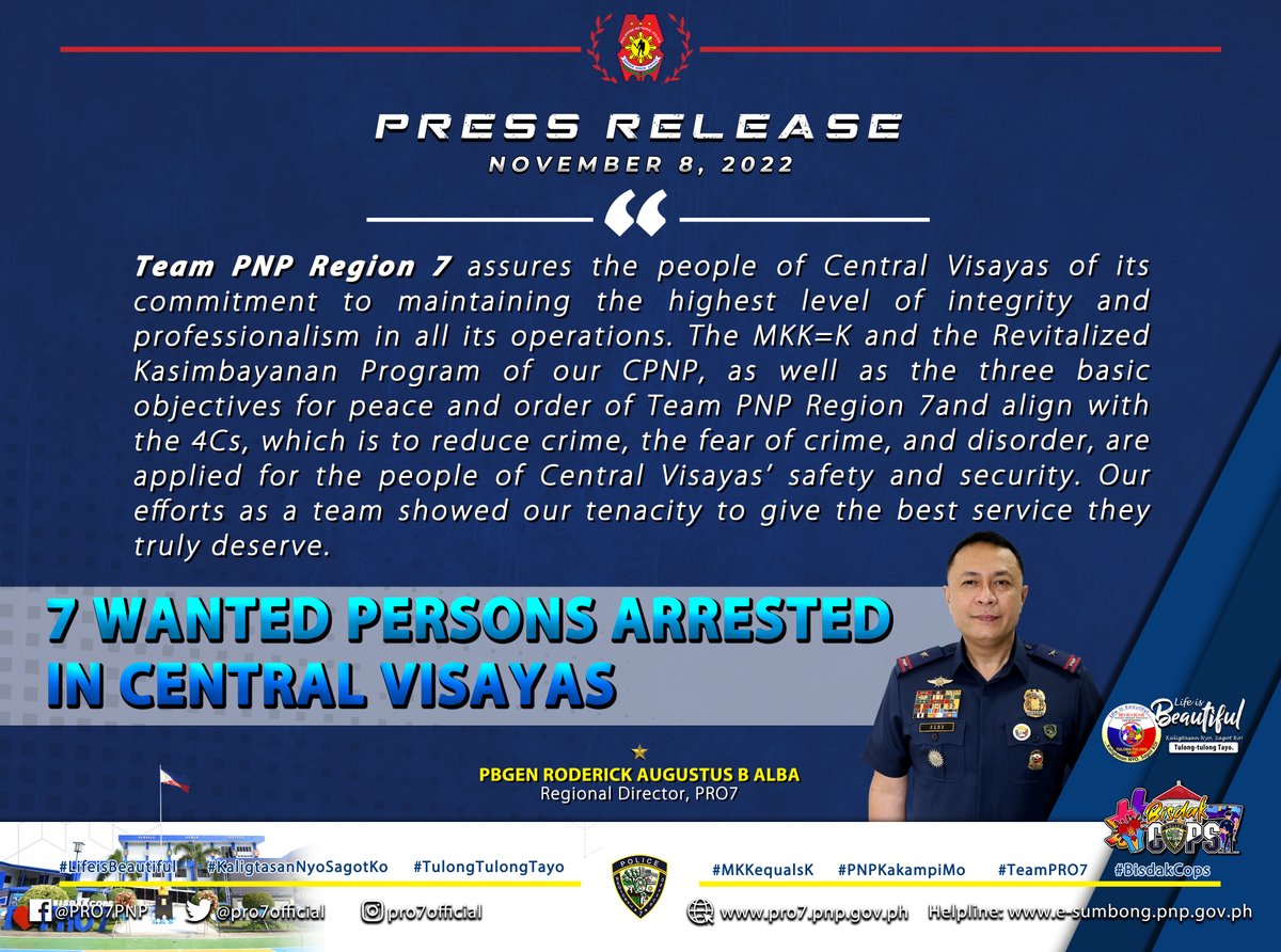 pro7official's tweet photo. PRESS RELEASE
November 8, 2022
7 wanted persons arrested in Central Visayas
read more: https://t.co/2n1mhIU3DX
(PRO7-RP)
#LifeisBeautiful
#KaligtasanNyoSagotKo
#TulongTulongTayo
#MKKequalsK
#PNPKakampiNyo
#TEAMPRO7
#4CsonCSOP
#BisdakCops https://t.co/z2rsW7Uiva