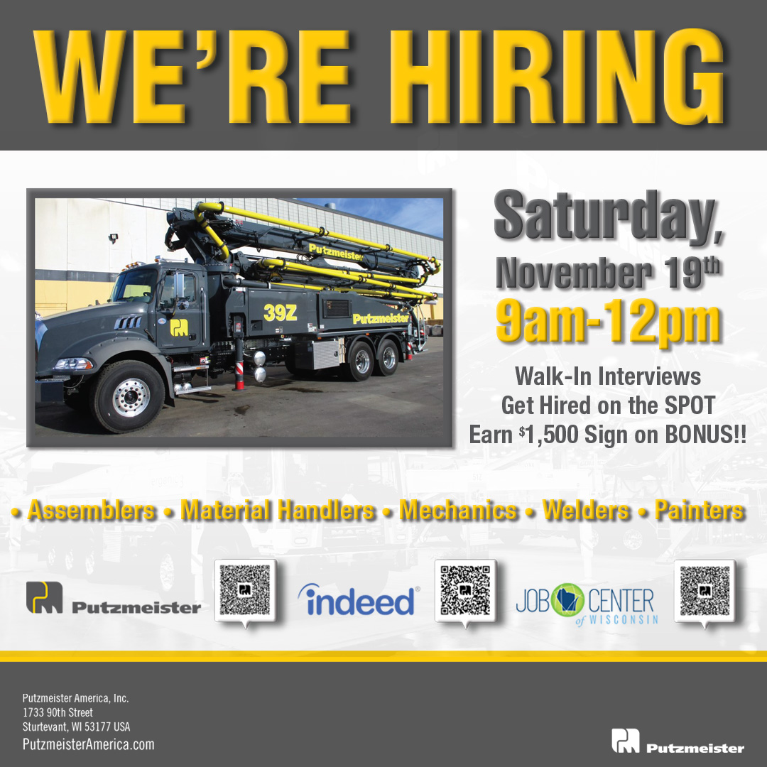 PutzmeisterUS's tweet photo. We want YOU to #joinourteam. #we'rehiring!
Stop by our Sturtevant facility on Nov 19th and talk to one of our HR reps about your future at PMA.
#hiring #jobs #jobsearch #careers #recruiting #employment #nowhiring #putzmeister #pma #pmproud https://t.co/lj9zzHv4j3