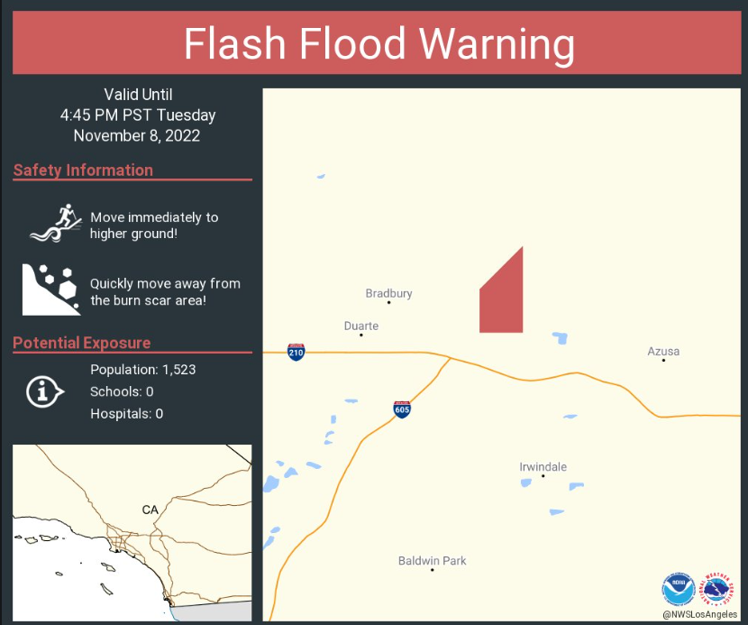 Apologies for the confusion over the Flash Flood Warning (FFW).  A glitch changed the small box for the area near the Fish Fire burn scar into all of LA County just as it was sent.  We cancelled it and sent the correct FFW for the small Fish burn scar as shown in the image.