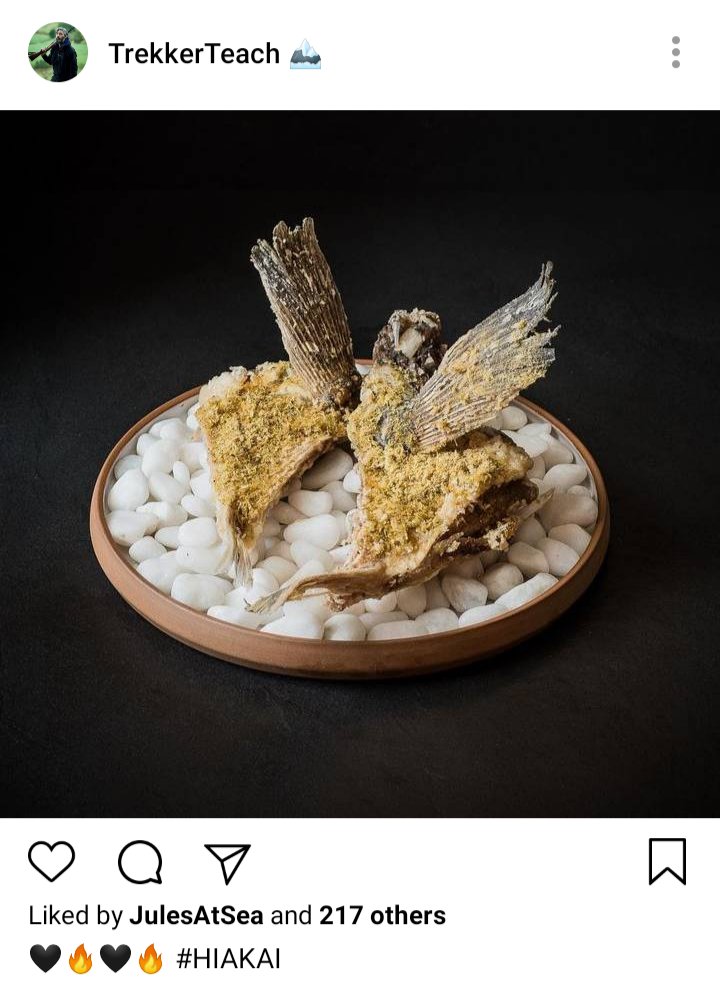 Ed's IG: Image of meal from Hiakai, fancy. Caption is black heart emoji, fire, black heart emoji, fire. #Hiakai"