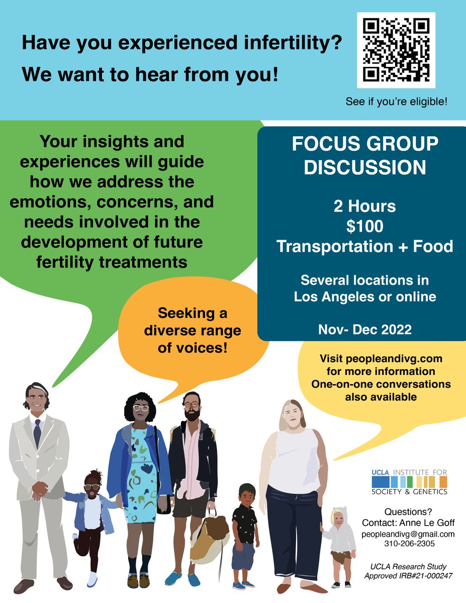 AnneLGoff's tweet image. Recruiting participants for our UCLA study of experiences of infertility and family-building in relation to reproductive technologies, in Los Angeles. Please share! 
peopleandivg.com
#infertility #LGBTQparenting #stemcells #focusgroup