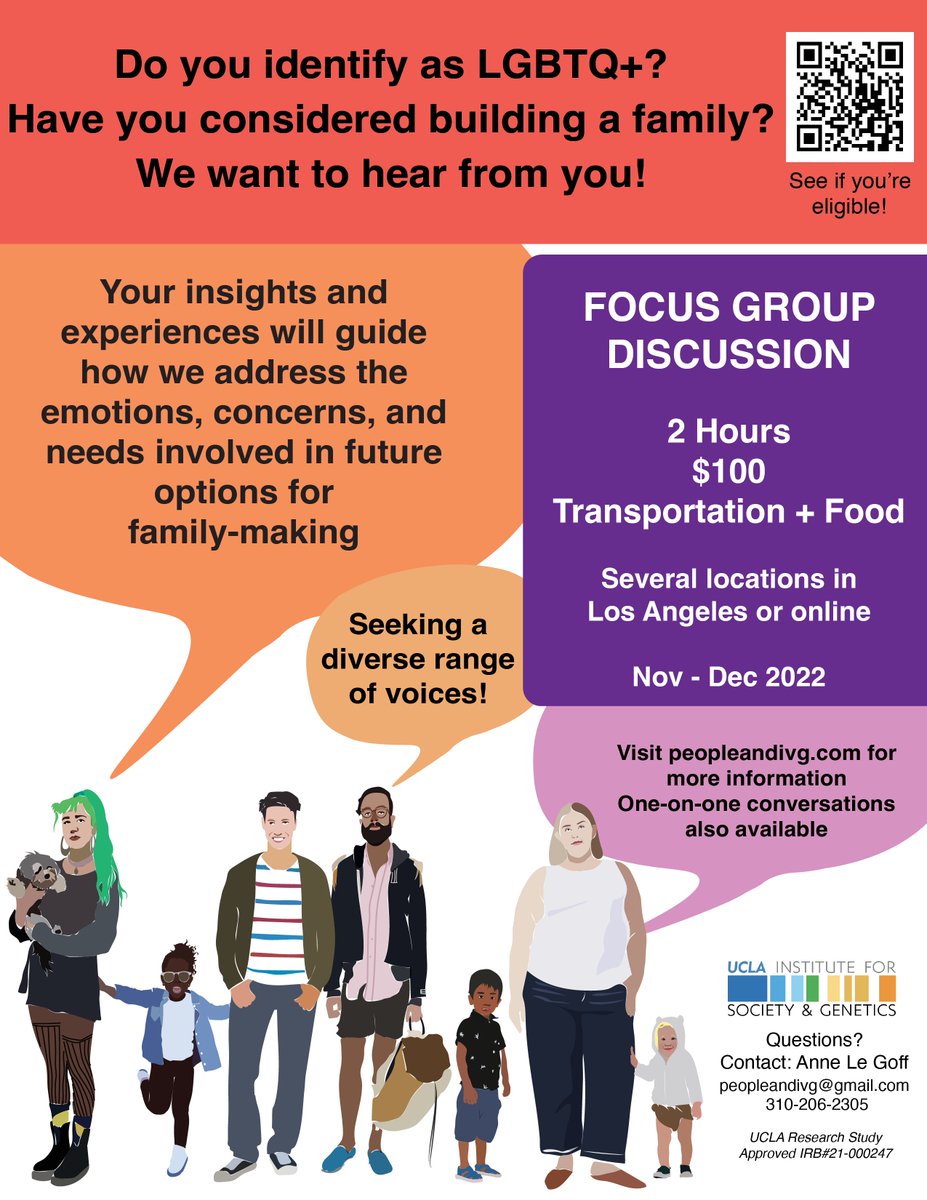 AnneLGoff's tweet image. Recruiting participants for our UCLA study of experiences of infertility and family-building in relation to reproductive technologies, in Los Angeles. Please share! 
peopleandivg.com
#infertility #LGBTQparenting #stemcells #focusgroup