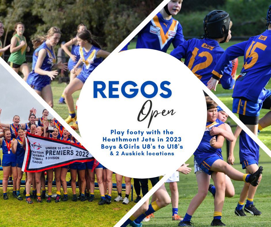 Registrations NOW OPEN for Season 2023. ALL Players welcome - we field U8's to U18's Boys and Girls teams
Click here for more information bit.ly/3DxB7Vd
Visit our website jetsjuniors.com

#GoJets #jetsjuniors #heathmontjets   ✈✈